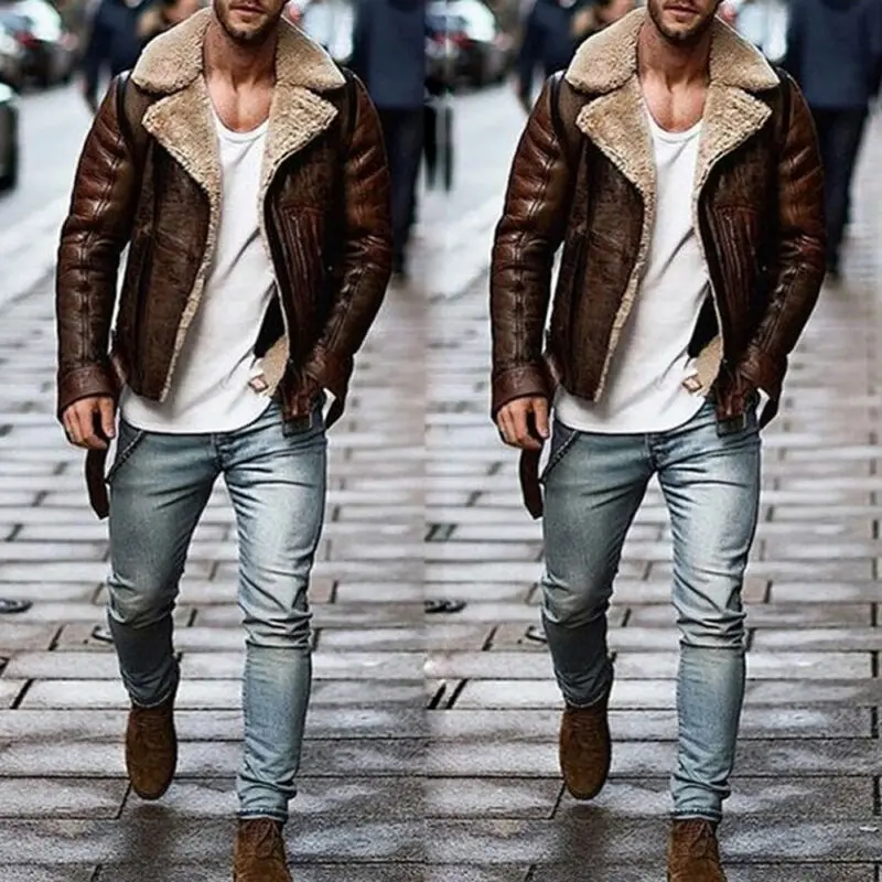 Men Aviator Brown PU Leather Jackets 2019 Brand New Style Bomber Fur Collar Sheepskin Jacket Peacoat Overcoat Men Aviator Brown PU Leather Jackets 2019 Brand New Style Bomber Fur Collar Sheepskin Jacket Peacoat Overcoat
