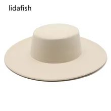 

lidafish French Style Women's Hat 10CM Wide Brim Flat Top Felt Fedora Hat Retro Winter Derby Wedding Jazz Hats