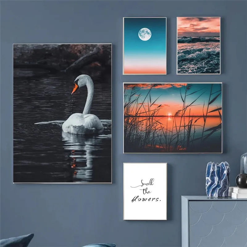 Modern Earth Swan Beach Bird Letter Scenery Canvas Painting Nordic Posters And Prints Wall Art Picture Living Room Decor Cuadros