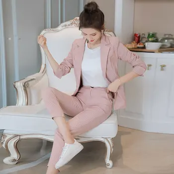 

Pant Suits For Women 2020 Autumn New Pink Striped Small Suit + Ankle Length Trousers Two-piece Long Sleeve Office Lady Suit