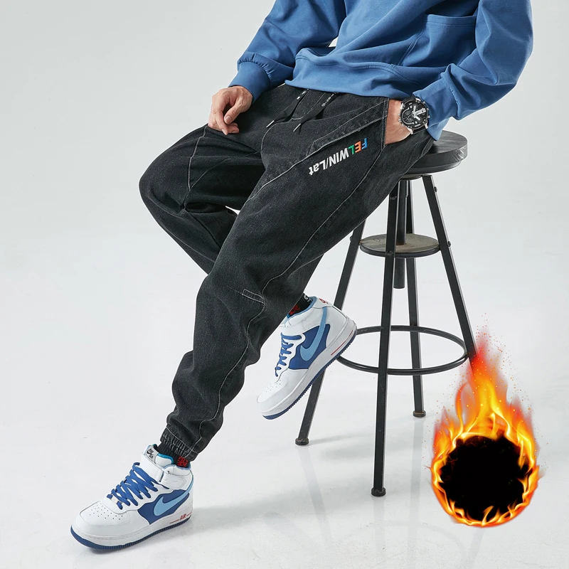 Cargo Jeans Joggers Denim Pants Fleece Thick Men Plus-Size New Warm Winter