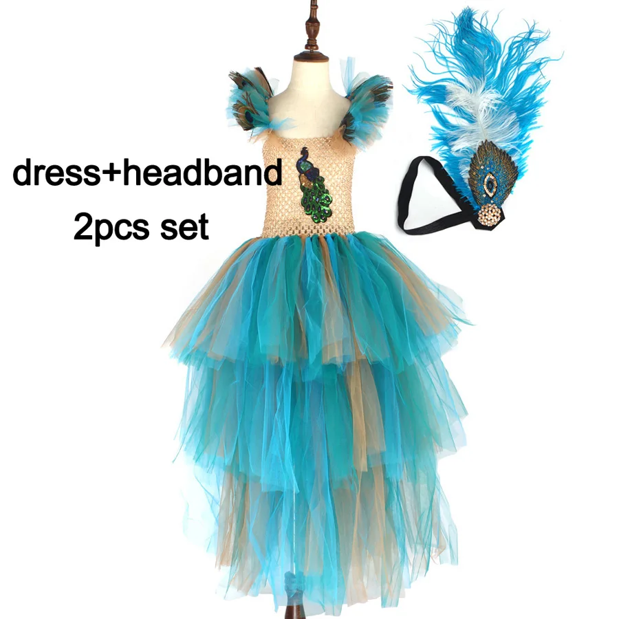 Ограниченная серия, роскошное платье-пачка с павлином для девочек с подходящей повязкой на голову, многослойное детское Пышное фатиновое бальное платье, костюм павлина - Цвет: dress and headband
