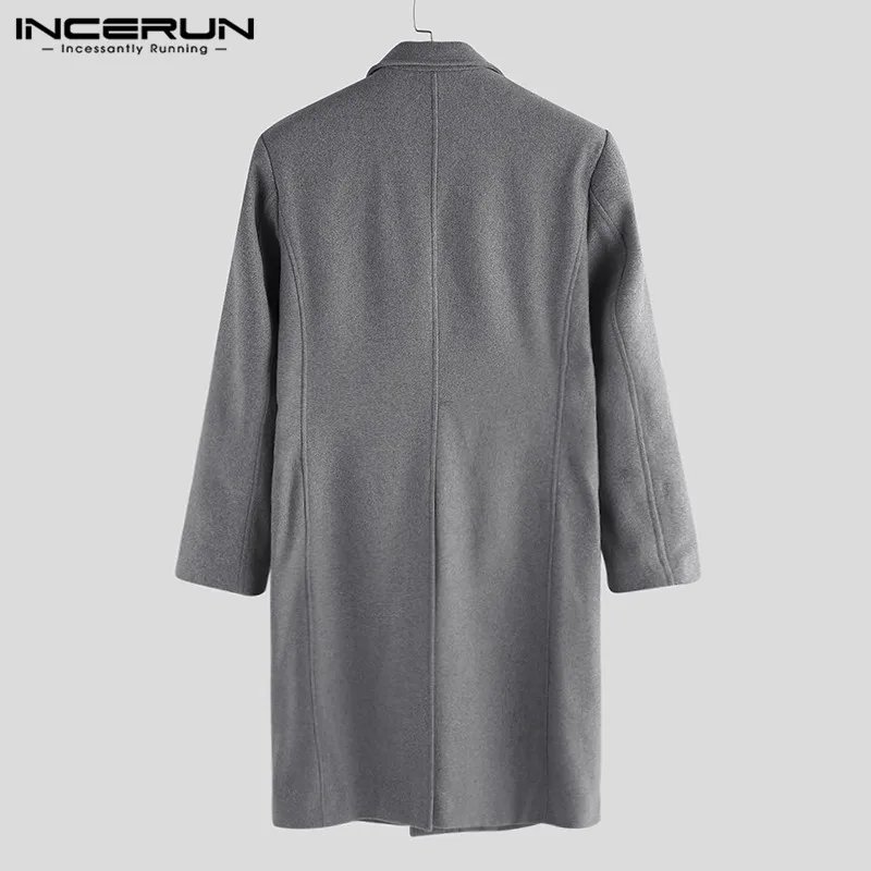 INCERUN, Зимние Модные мужские шерстяные пальто, смесь, длинный рукав, теплые, одноцветные, уличная одежда, куртки, длинный Тренч, классическое пальто для мужчин