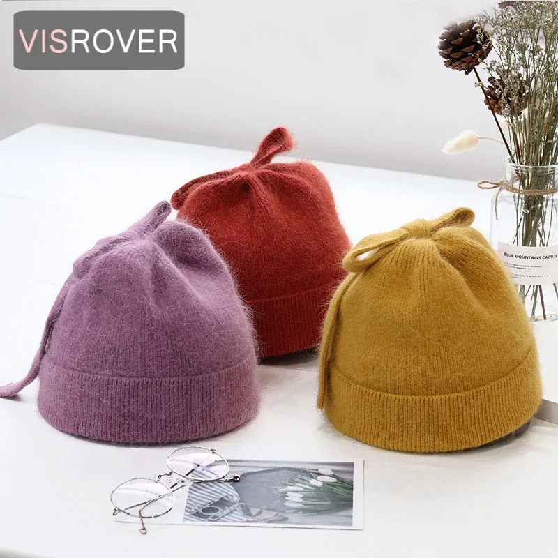 

VISROVER 8 colors solid color real rabbit fur beanies winter hat for woman best match acrylic woman Autumn Warm skullies gift