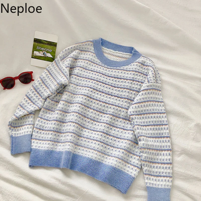 Neploe, контрастный цвет, полосатый пуловер, свитер, женский, длинный рукав, уплотненный, Круглый ворот, Pull Femme, Осень-зима, верхняя одежда, Sueter, свободный