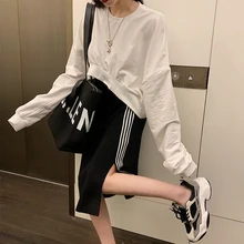 Женские повседневные спортивные юбки в белую полоску с черным разрезом миди юбки корейские шикарные вязаные юбки