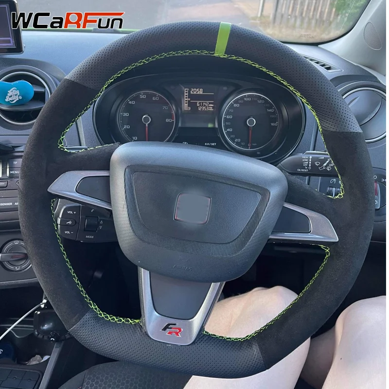 WCaRFun DIY 블랙 스웨이드 가죽 자동차 핸들 커버 좌석 Ibiza(6J)(FR/CUPRA) 2015 Mii FR 2013-2020
