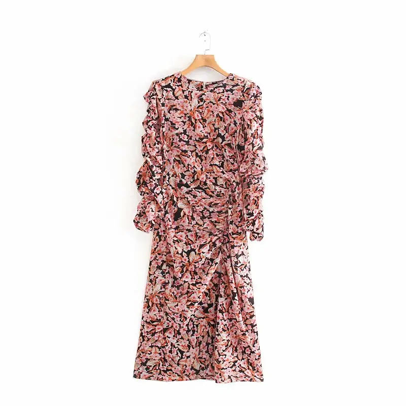 Женское элегантное плиссированное платье миди с круглым вырезом и цветочным принтом, женские осенние повседневные облегающие Брендовые вечерние платья с длинным рукавом DS3014