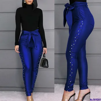 

High Waist Pants Office Ladies Fashion Skinny Elegant With Waist Belt Slim Elastic Troursers Classy Modest Women Female New 2020
