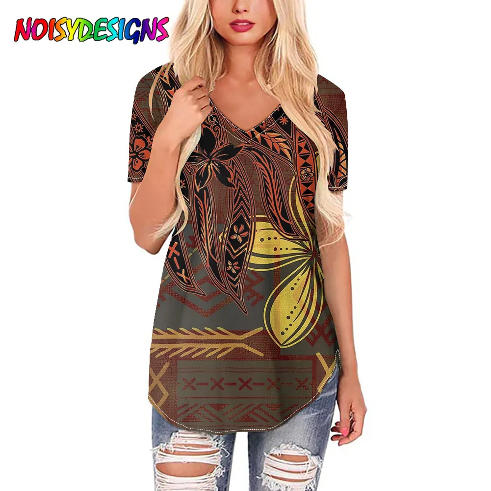 

NOISYDESIGNS Polynesian Style Tribal Tattoo Hibiscus Printed Tshirt Tops Summer Oversized Women T-shirts Short Sleeve Tshirt