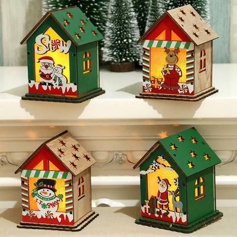 

Indoor Holiday Party Decor Accessories Home Decor Wooden DIY Assembly House Christmas Desk Ornaments with LED Candle Light