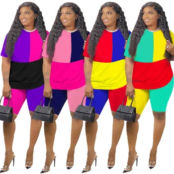

2020 New Sports Suit European and American Women's Color Matching Sports Leisure T-shirt Shorts Two-Piece Set