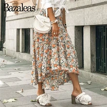 Bazaleas, праздничный цветочный принт, женские юбки с высокой талией, винтажная плиссированная юбка миди, ретро юбка для отпуска