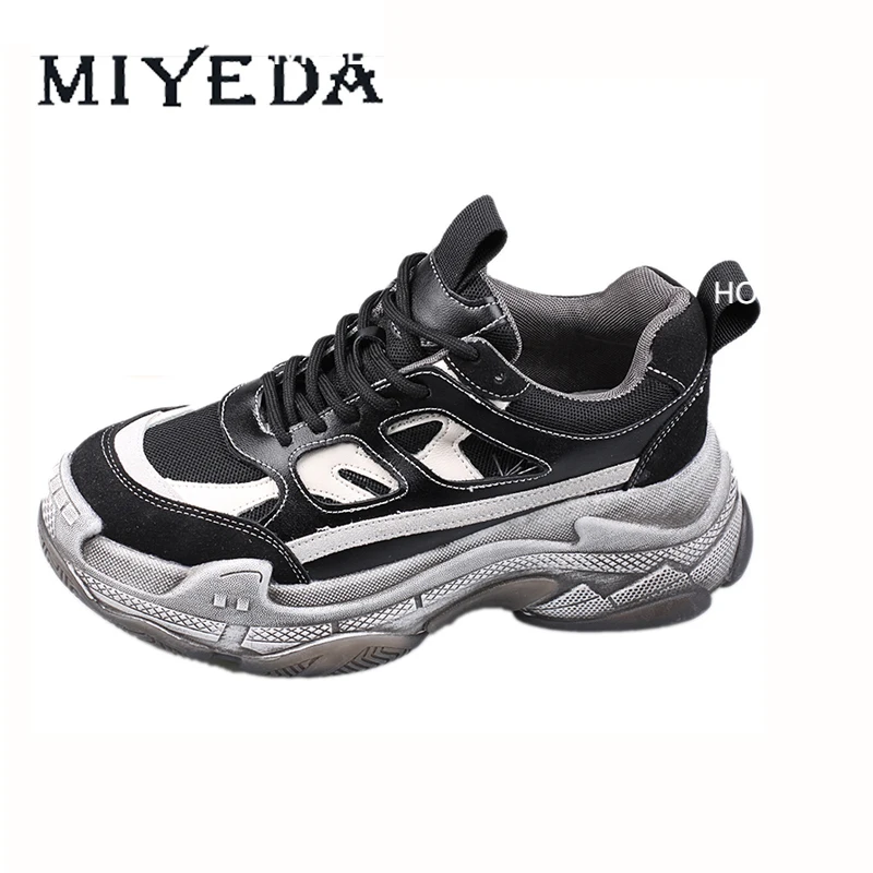 Chunky Sneakers Dirty-Shoes Light Thick-Sole Lace-Up Pink Black Breathable Running Casual