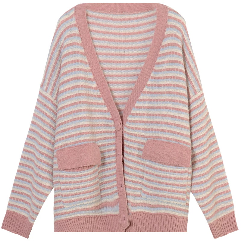 MISHOW, Осенний полосатый розовый вязаный кардиган для женщин, Vneck, длинный рукав, с карманом, вязаное пальто, верхняя одежда, пальто MX19C5240