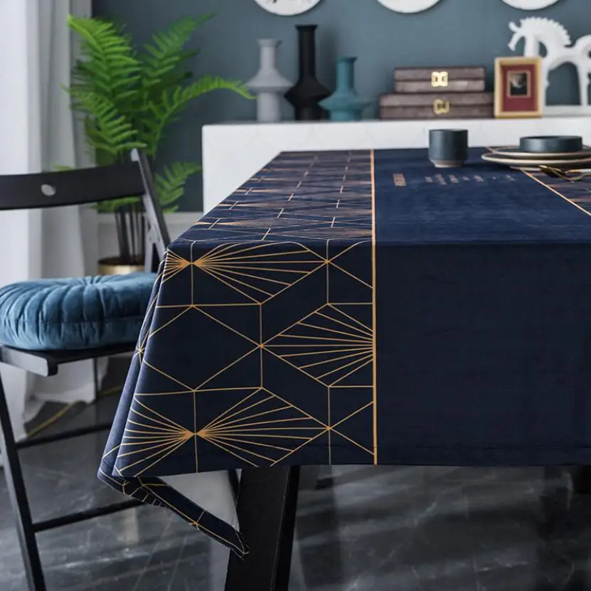  2019 New Luxury Velvet Table Cloth Decorative Geometric Print Navy Blue Tablecloth Dining Table Cov