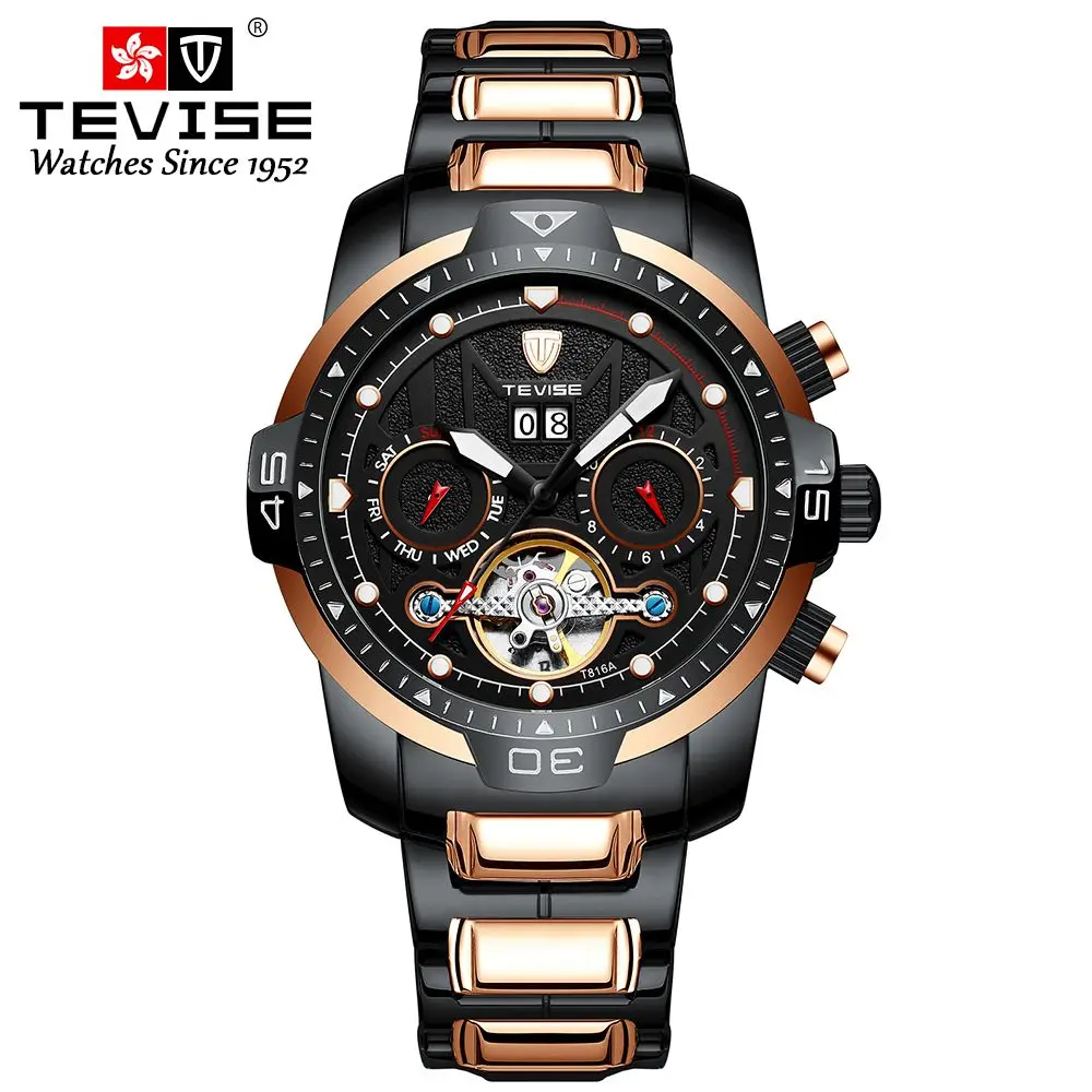 TEVISE высокое качество мужские s часы для мужчин нержавеющая сталь автоматические механические наручные часы Скелет турбийон часы Relogio Masculino - Цвет: rose gold black