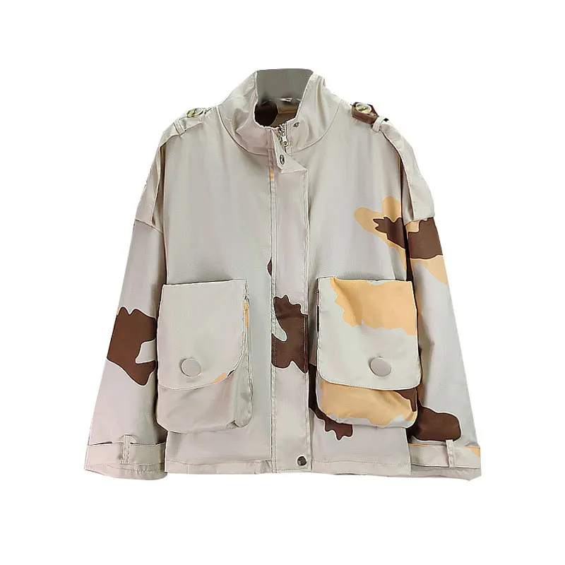 

NoEnName_Null Coat Camouflage Pocket Retro Jacket Woman Autumn Spring Long Design Turtleneck Bomber Jacket Harajuku Gingham Top