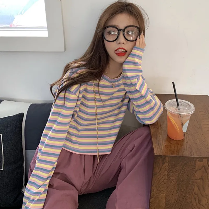 Z Harajuku Корейская Милая футболка с длинным рукавом полосатые друзья Kawaii осень зима женские Повседневные базовые странные вещи - Цвет: Z