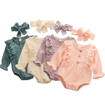 

Baby Spring Autumn Clothing Newborn Infant Kids Clothes Girls Warm Cotton Linen Button Ruffled Jumpsuit Bodysuit Headband