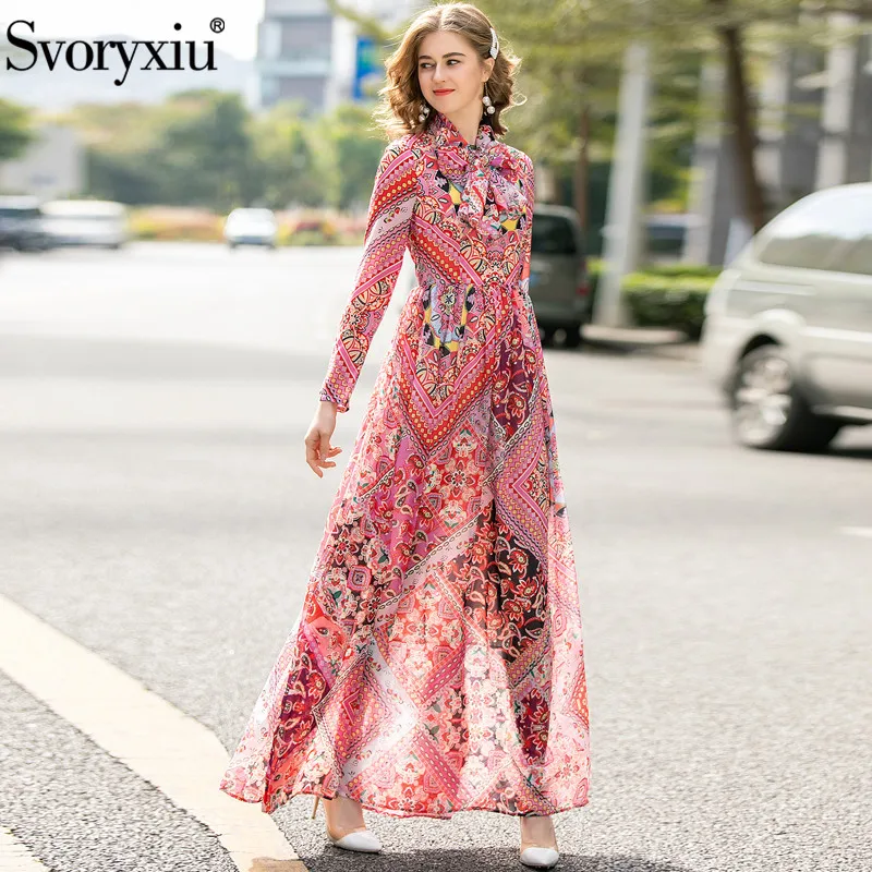 

Svoryxiu Runway Designer Summer Boho Maxi Long Dresses Women's Fine Baroque Printing Long Sleeve Beach Party Long Dress + Scarf