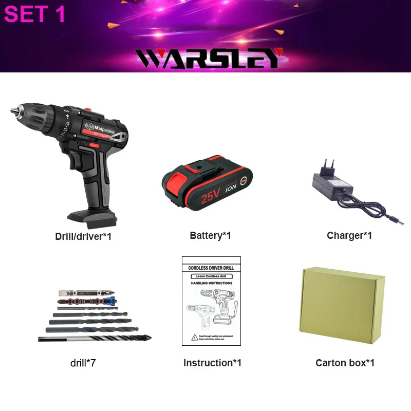 25V Cordless screwdriver electric screwdriver 1.5AH lithium battery charging drill power tool+7 drill