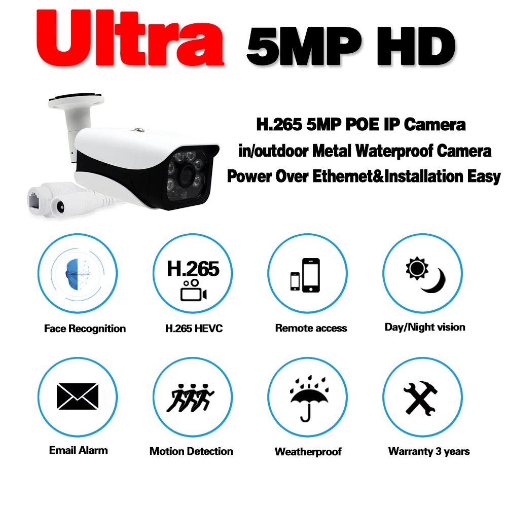 Face Recognition H.265 PoE ip camera 5MP HD Outdoor Waterproof Infrared 40m Night Vision For Security Video Surveillance Kits