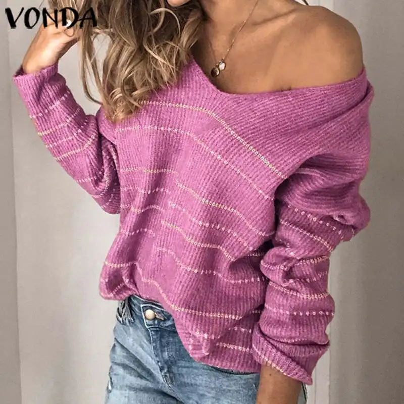 VONDA, осенние модные Полосатые блузки с принтом, женские повседневные пуловеры с длинным рукавом, женские богемные вечерние Блузы