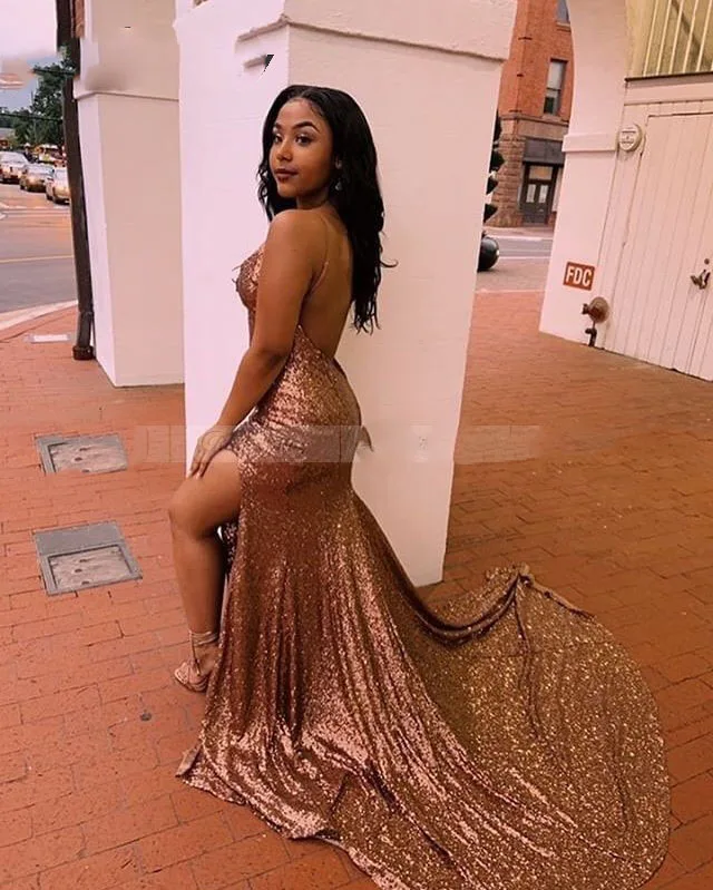 Sequins Rose Gold African Prom Dresses 
