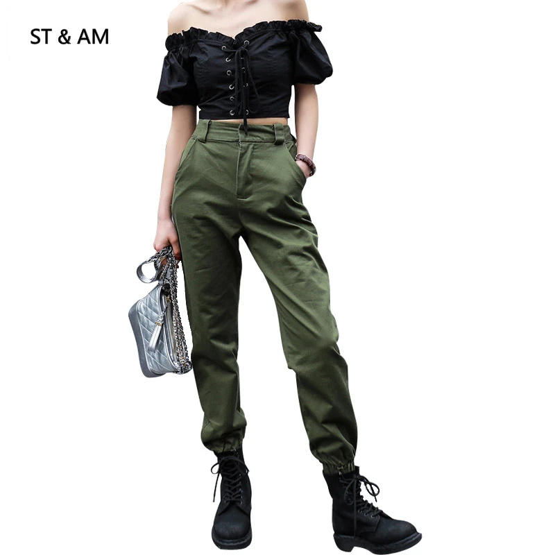 Günstige ST   AM Hohe Taille Hosen Neue Lose Jogger Frauen Armee Harem Hosen Streetwear Punk Schwarz Cargo Hosen Frauen Capris hosen