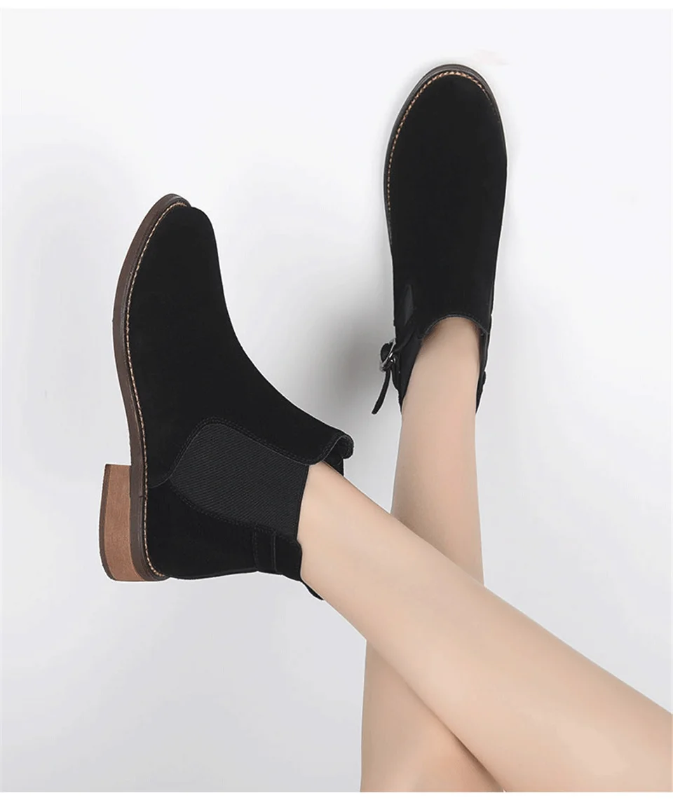 Зимняя обувь; женские ботильоны; замшевые черные ботинки «Челси»; женская повседневная обувь без застежки на толстом каблуке; модная удобная женская обувь; коллекция года
