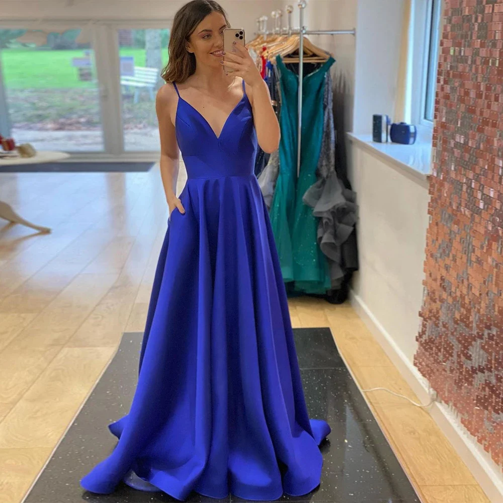 WeiYin Royal Blue Evening Dresses Simple Sexy V Neck Women Formal Sash A line Satin Prom Party Dress Pockets Custom Color mermaid prom dresses