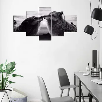 

5 Pieces Paintings Two Intimate Black Wolves Animal Canvas Poster Framework Wall Artwork Prints Modular Home Decor Live Room