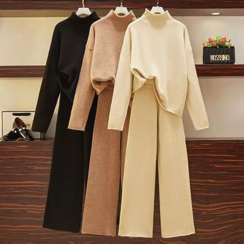 

High Quality Female Warm Turtleneck Sweater Knitted 2 Piece Set Long Sleeve Pullover Wide Legs Pants Suit Winter Women Tracksuit