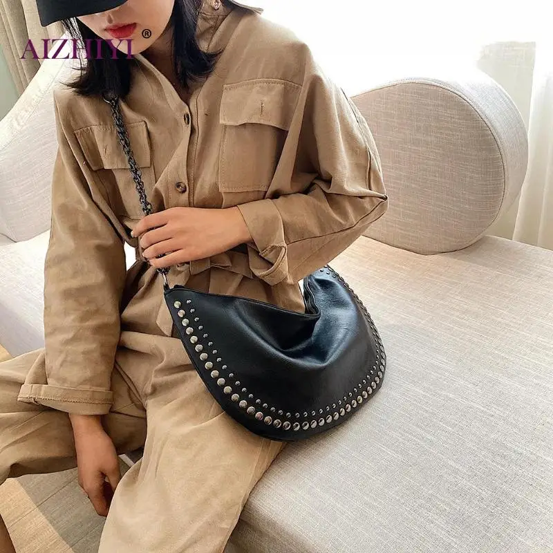 Female Casual Solid Color PU Leather Crossbody Bag Women Fashion Rivet Black Semicircle Shoulder Messenger Handbag