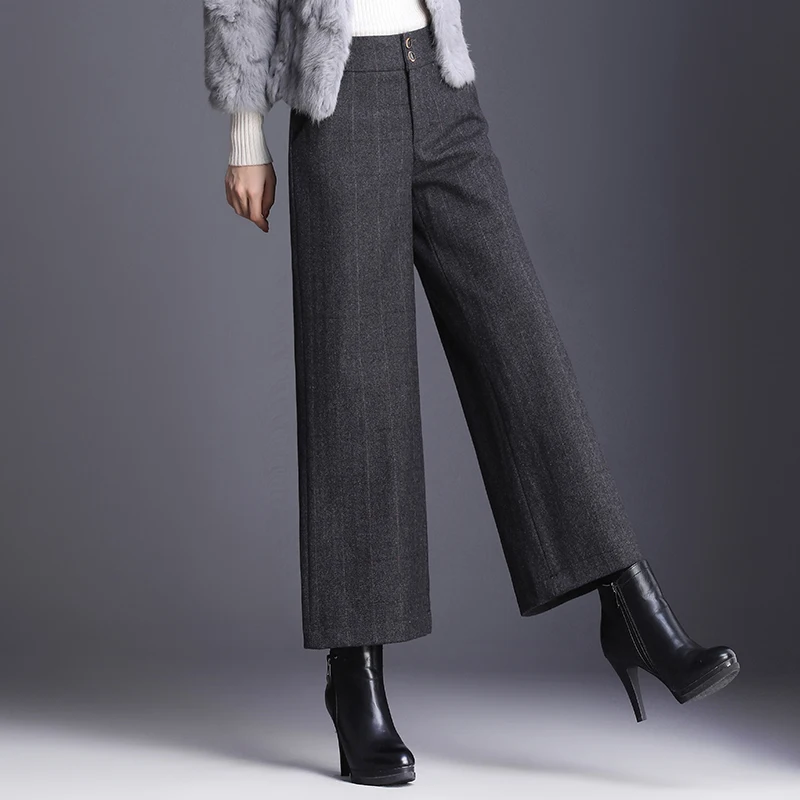 Шерстяные женские брюки, зимние теплые расклешенные брюки длиной до щиколотки, полосатые клетчатые офисные женские брюки, Формальные женские широкие брюки