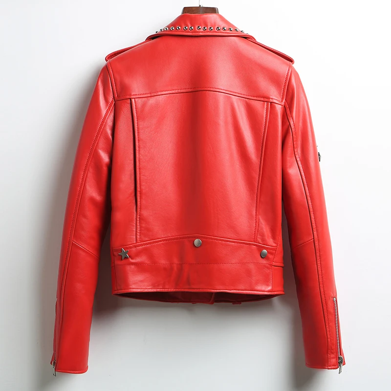 

Women's Genuine Leather Jacket Real Sheepskin Coat Short Red Biker Motorcycle Jacket Spring Autumn Coats LL88876 KJ3716