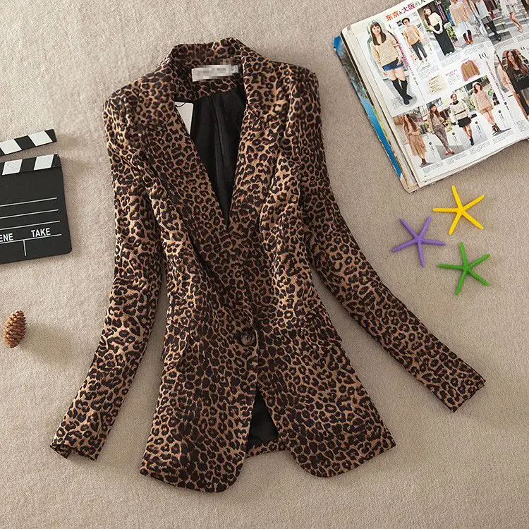 

women blazers new long-sleeved leopard small suit jacket Slim one button ladies suit