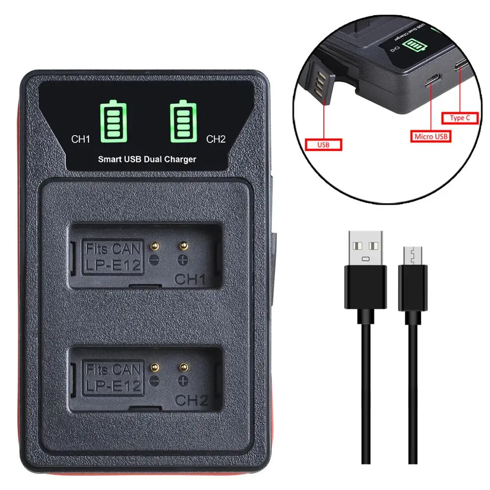 LP-E12 LP E12 LPE12 Battery+LED USB Dual Charger with Type C for Canon Rebel SL1 100D, EOS M, EOS M2, EOS M10 EOS M50 SX70 HS 