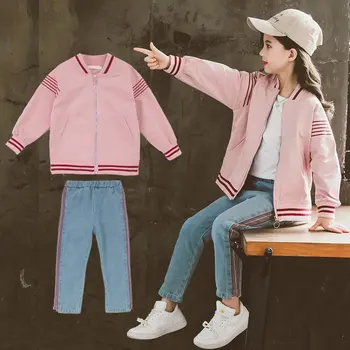 

Girl Two Piece Outfit Side Stripe Tracksuit Pink Jackets Outerwear+Jeans Kids Girl 8 12 13 Years Autumn Teenage Casual Clothing