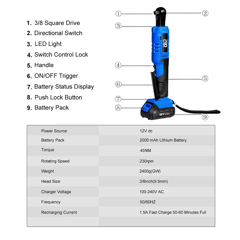 PROSTORMER 12V электрический ключ с трещоткой 45 нм аккумуляторная батарея с крутящим моментом гаечный ключ 2000 мАч аккумуляторная батарея стандартные электроинструменты