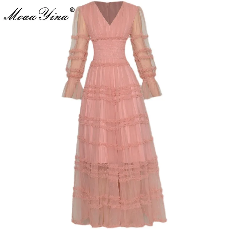 

MoaaYina Fashion Designer Autumn Pink Mesh Dress Women V-Neck Lantern sleeve Ruffle Elastic Waist Vacation Party Elegant Dress