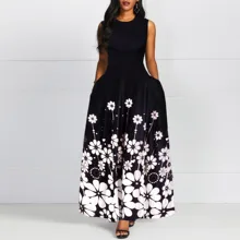 Винтажное женское платье макси без рукавов с цветочным принтом, а-силуэт, женский, с круглым вырезом, ретро платье с стандартной талией,, Осень-зима, Трендовое