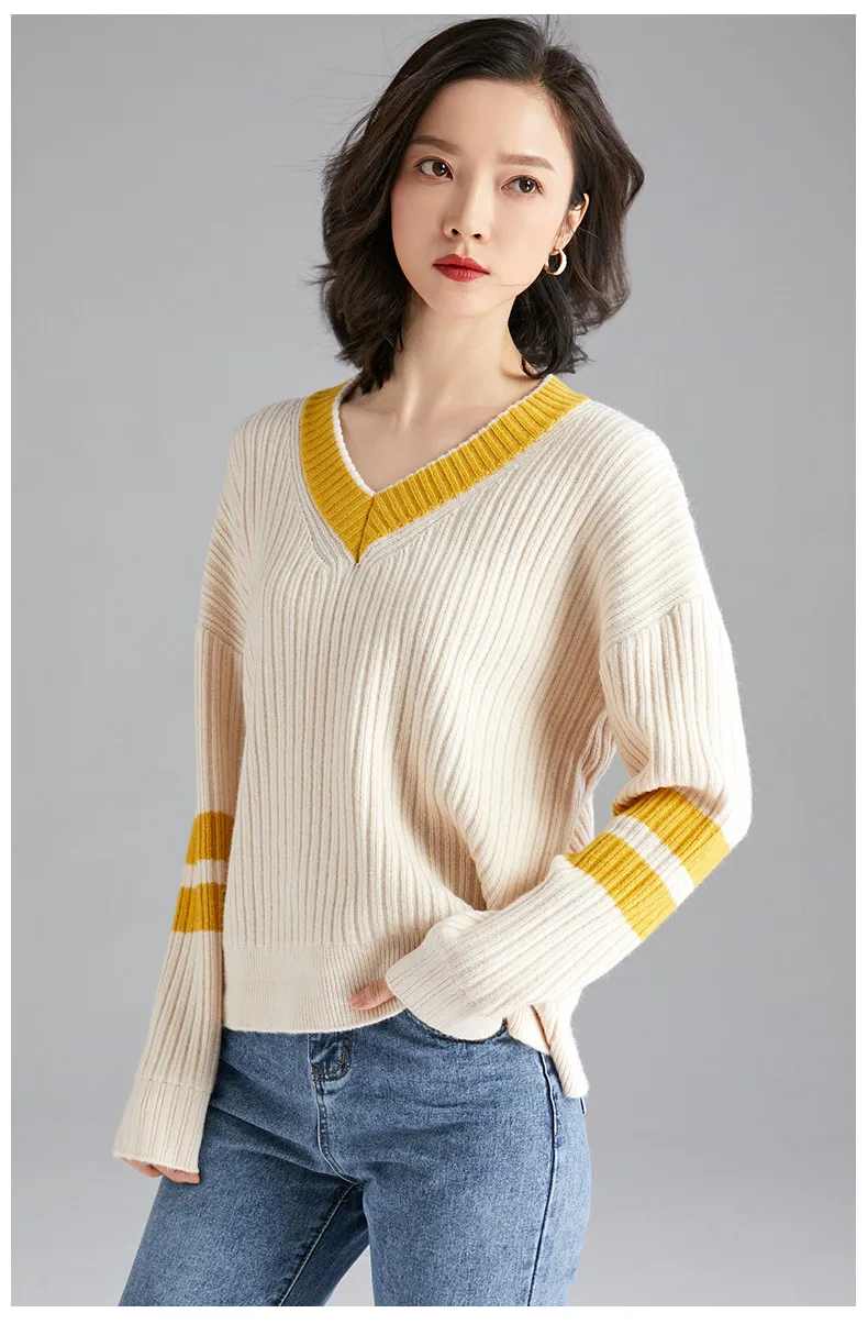 XJXKS Модный женский свитер с v-образным вырезом и длинными рукавами Осень Зима Удобный Повседневный кашемировый вязаный свитер женский пуловер