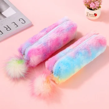 

Kawaii Rainbow Plush Pencil Case for Girls Cute Pencil Pouch Hair Ball Pen Bag School Supplies Stationery
