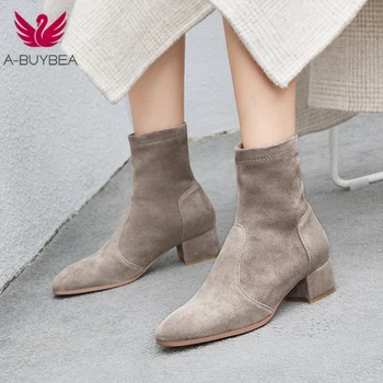 

Women Elastic Fabric Flock Boots Suede Short Boots Fashion Handmade Classic Pointed Toe Sheepskin Insole All-match