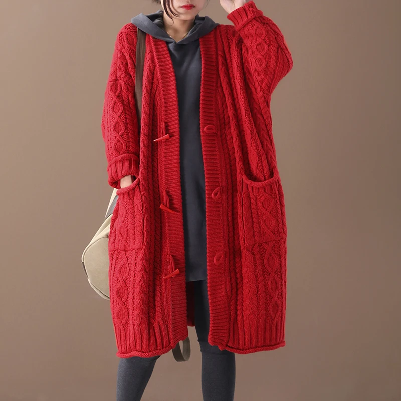 Red Новые женские осенние и зимние размера плюс в Корейском стиле верхняя одежда литературный рог пряжки Свободный вязаный свитер шерстяная фуфайка - Цвет: Red
