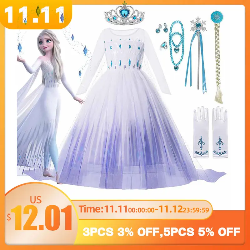 Disney Gefrorene 2 Kostüm für Mädchen Prinzessin Elsa Kleid Weihnachten Weiß Ballkleid Halloween Kinder Schnee Königin Cosplay Karneval Kleidung| | - AliExpress