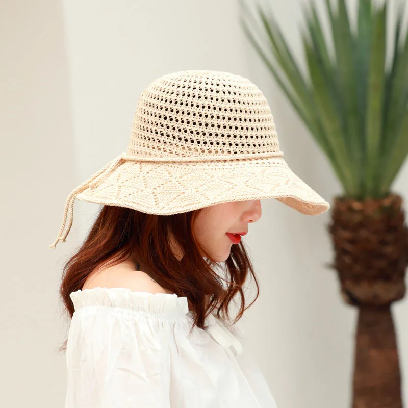 Women Sun Protective Hat Cotton Knitted Foldable Soft Breathable Beach Cap for Outdoor EIG88