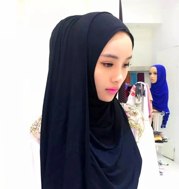 Мусульманский Хиджаб модальный сплошной цвет мгновенный тюрбан, головной платок исламский головной убор - Цвет: Черный